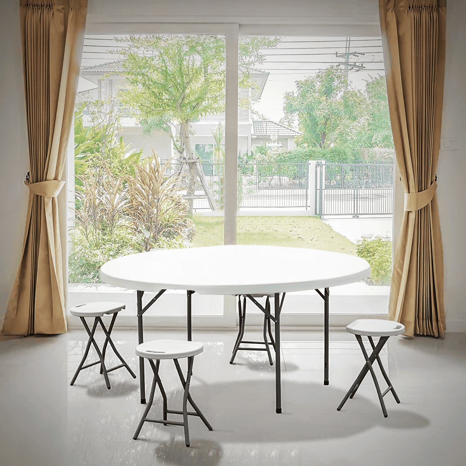 MoNiBloom 5 foot Bi-Fold Plastic Table, Foldable Round Indoor Outdoor Desk for Kitchen Party Wedding, White