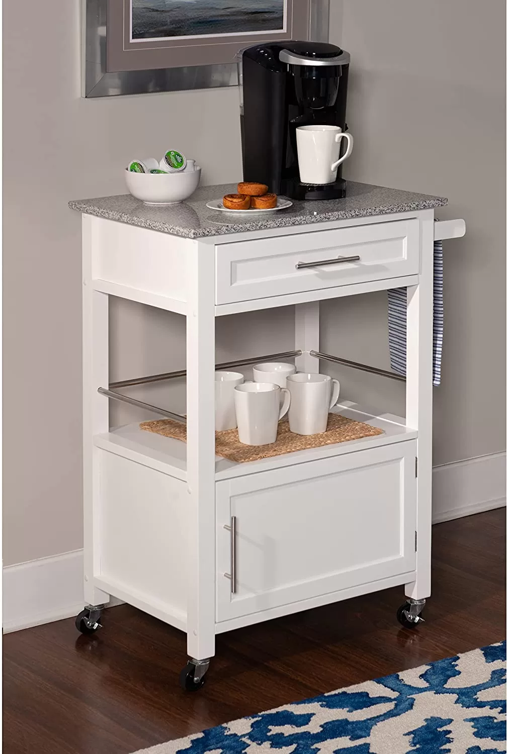 Linon White Wood Base with Mdf Granite Top Rolling Kitchen Cart (27-in x 18-in x 36-in) - Image 4