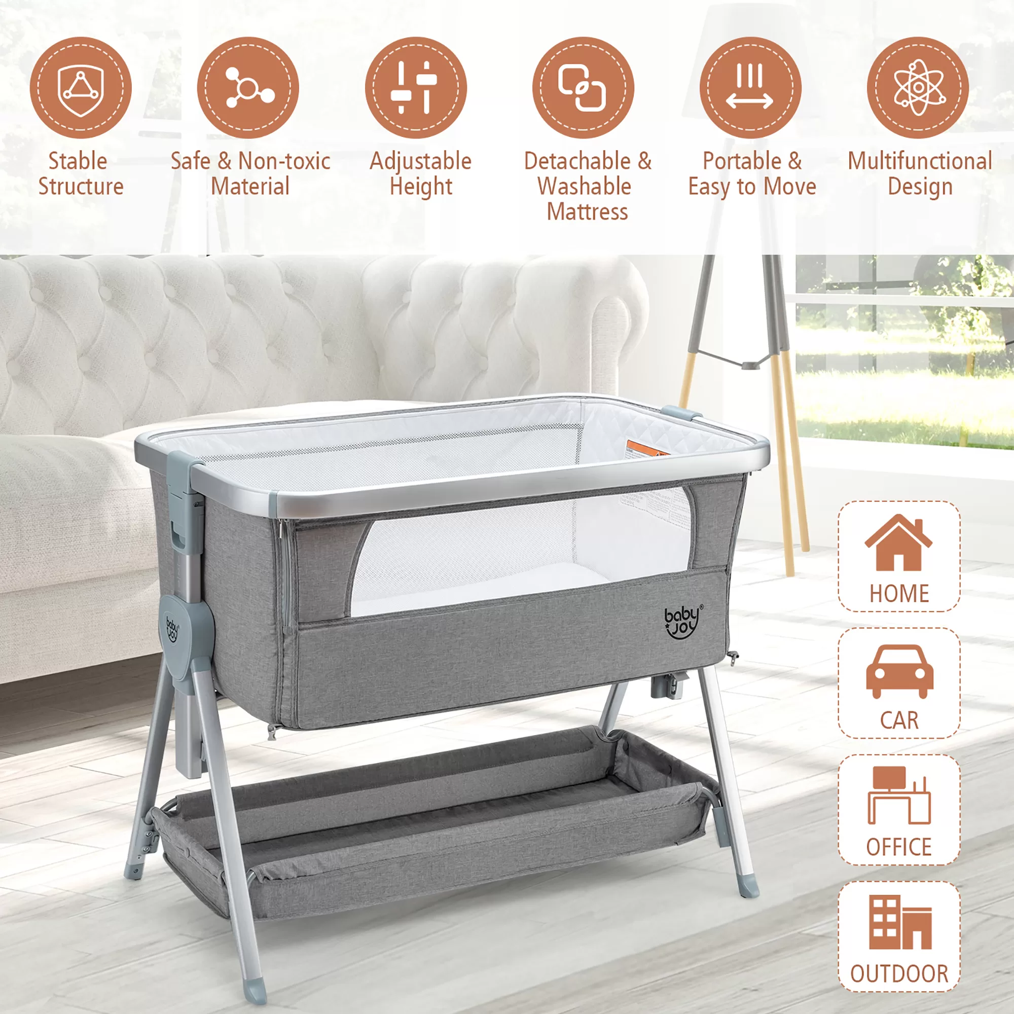 Babyjoy Baby Bed Side Crib Portable Adjustable Infant Travel Sleeper Bassinet Light Grey