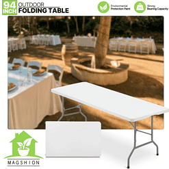 Magshion 8Ft Foldable Heavy Duty Table, Indoor Outdoor Portable Plastic Picnic Desk w/Steel Legs and Handle, White