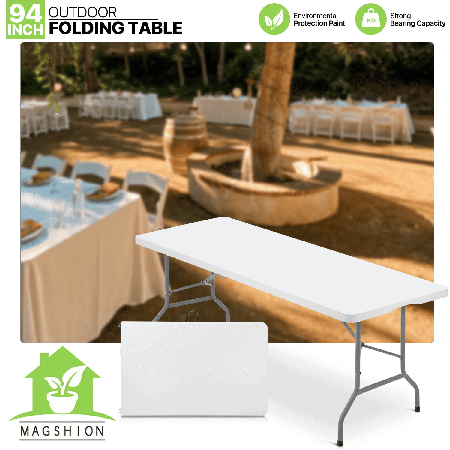 Magshion 8Ft Foldable Heavy Duty Table, Indoor Outdoor Portable Plastic Picnic Desk w/Steel Legs and Handle, White