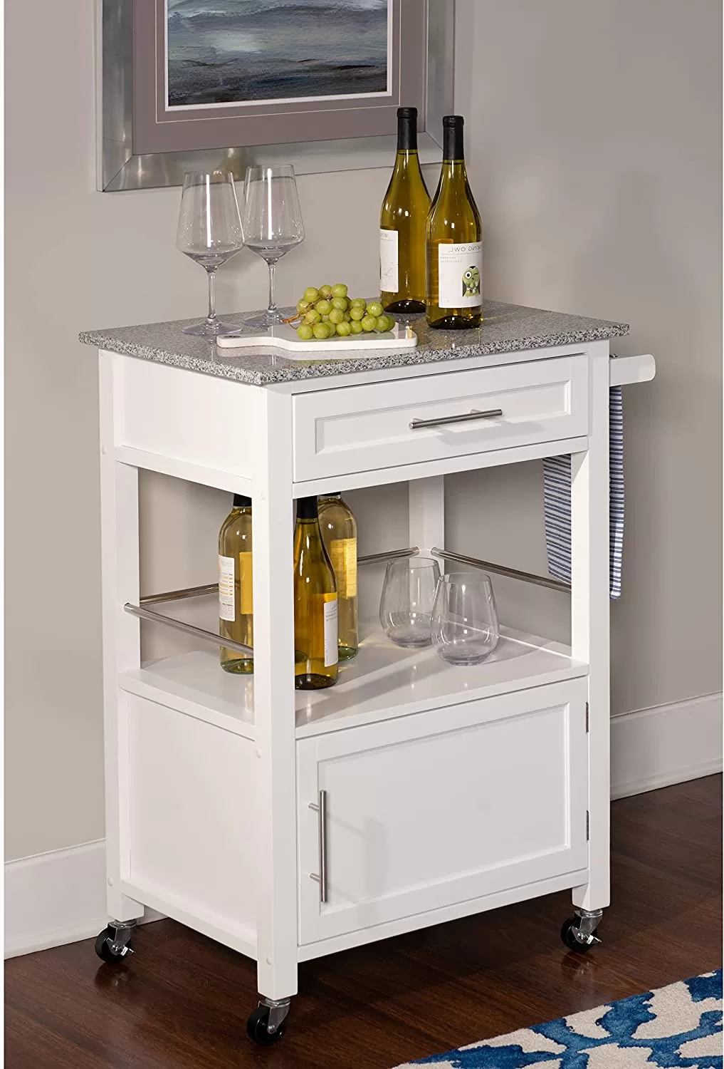 Linon White Wood Base with Mdf Granite Top Rolling Kitchen Cart (27-in x 18-in x 36-in) - Image 6