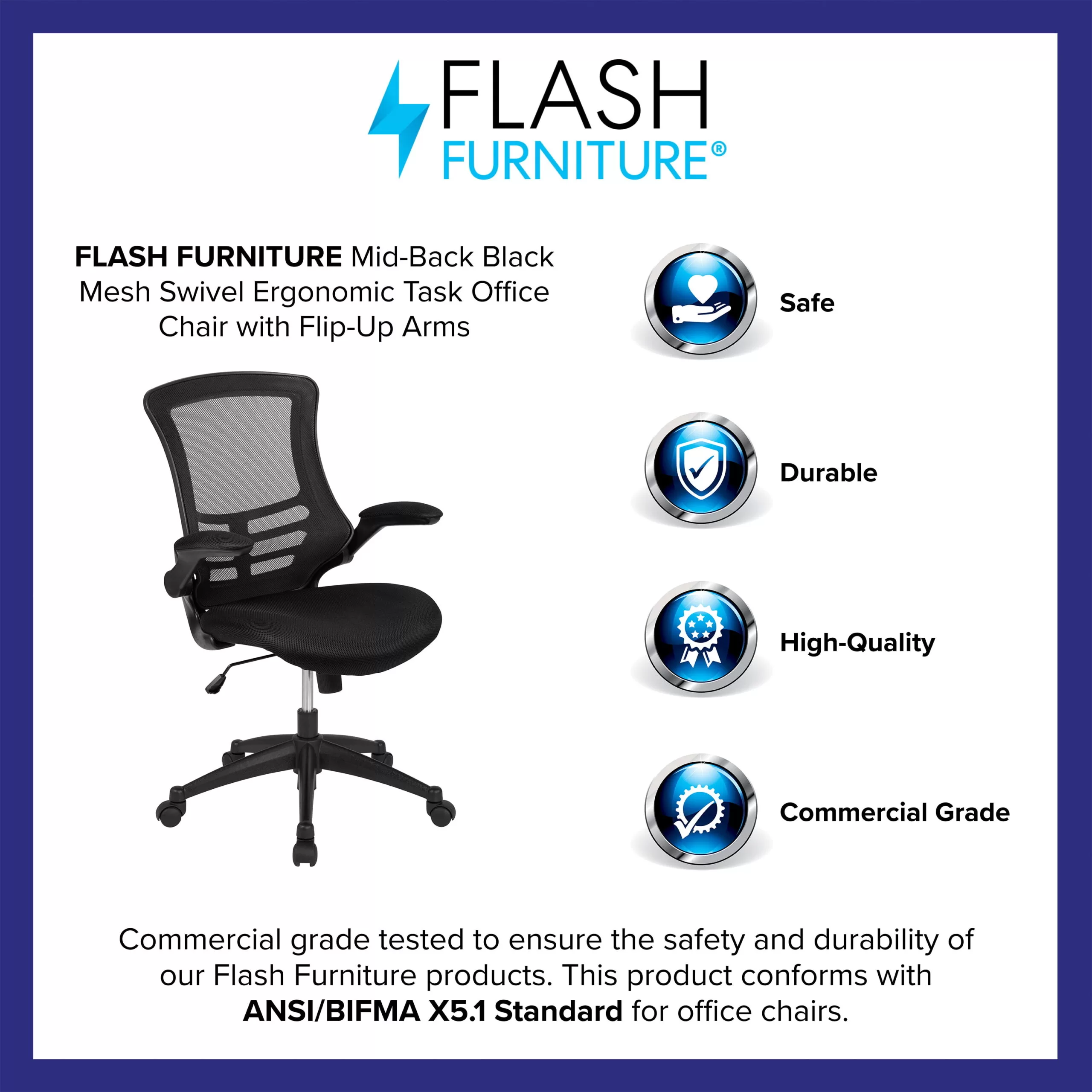 Flash Furniture Kelista Mid-Back Black Mesh Swivel Ergonomic Task Office Chair with Flip-Up Arms, BIFMA Certified