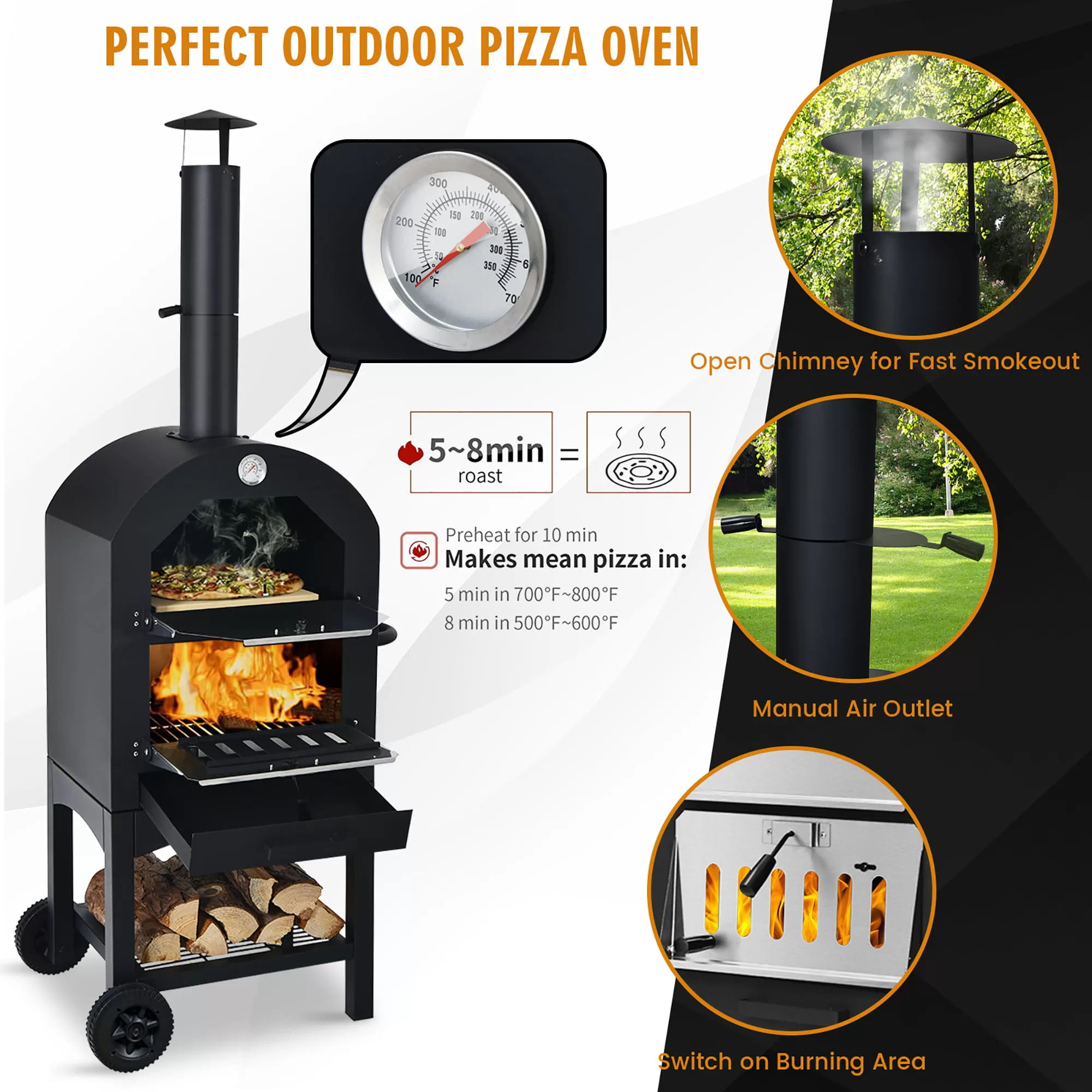 Costway Outdoor Pizza Oven Wood Fire Pizza Maker Grill w/ Pizza Stone & Waterproof Cover