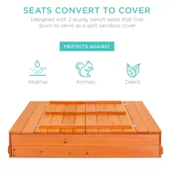 Best Choice Products 47x47-Inch Kids Wooden Outdoor Sandbox w/ 2 Foldable Bench Seats, Liner - Brown