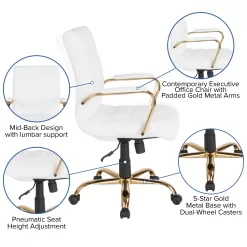 Flash Furniture Mid-Back White LeatherSoft Executive Swivel Office Chair with Gold Frame and Arms