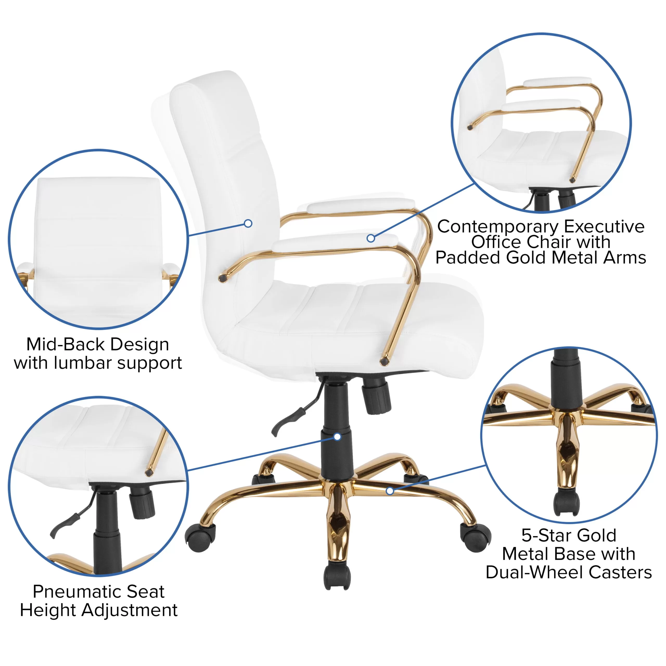 Flash Furniture Mid-Back White LeatherSoft Executive Swivel Office Chair with Gold Frame and Arms