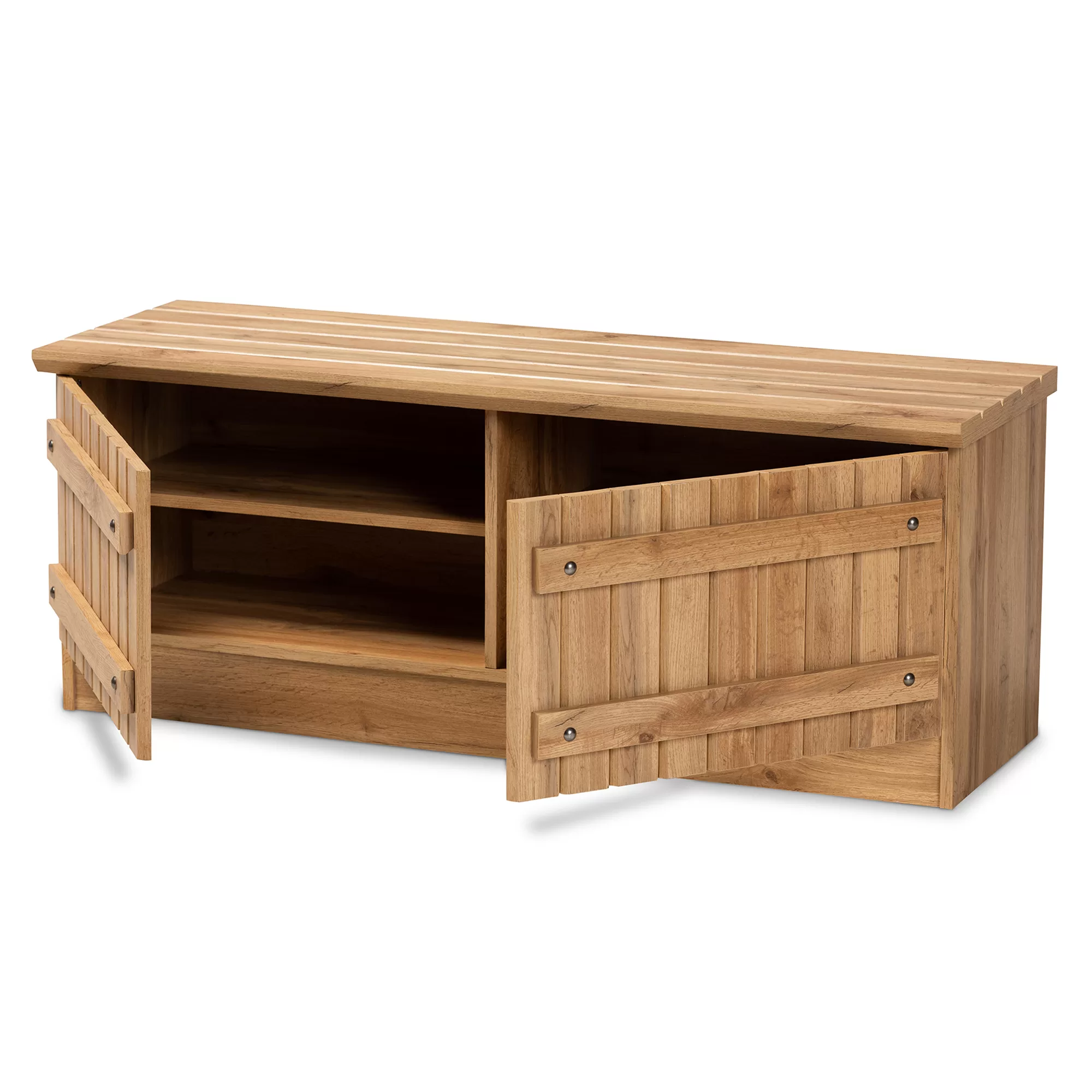 Baxton Studio Oswald Modern and Contemporary Farmhouse Natural Oak Brown Finished Wood 2-Door Storage Bench