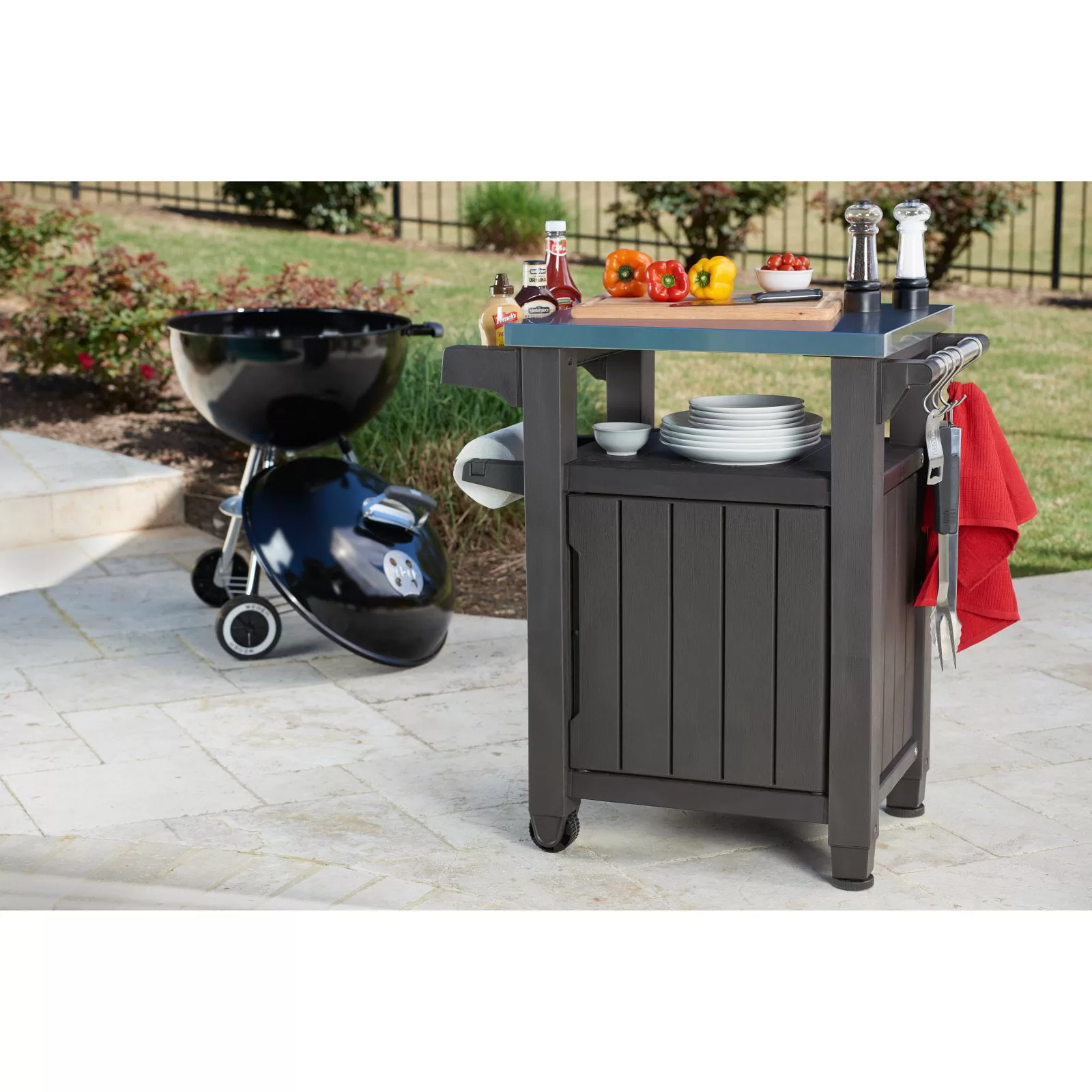 Keter Unity 40 Gal Patio Storage Grilling Bar Cart w/Stainless Steel Top, Brown
