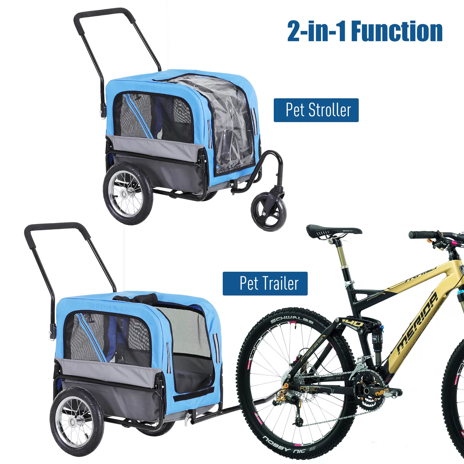 Aosom Elite-Jr 2-In-1 Dog Pet Bicycle Trailer, Jogging Stroller with 360-Degree Swivel Wheels & Large Easy Entry, Blue