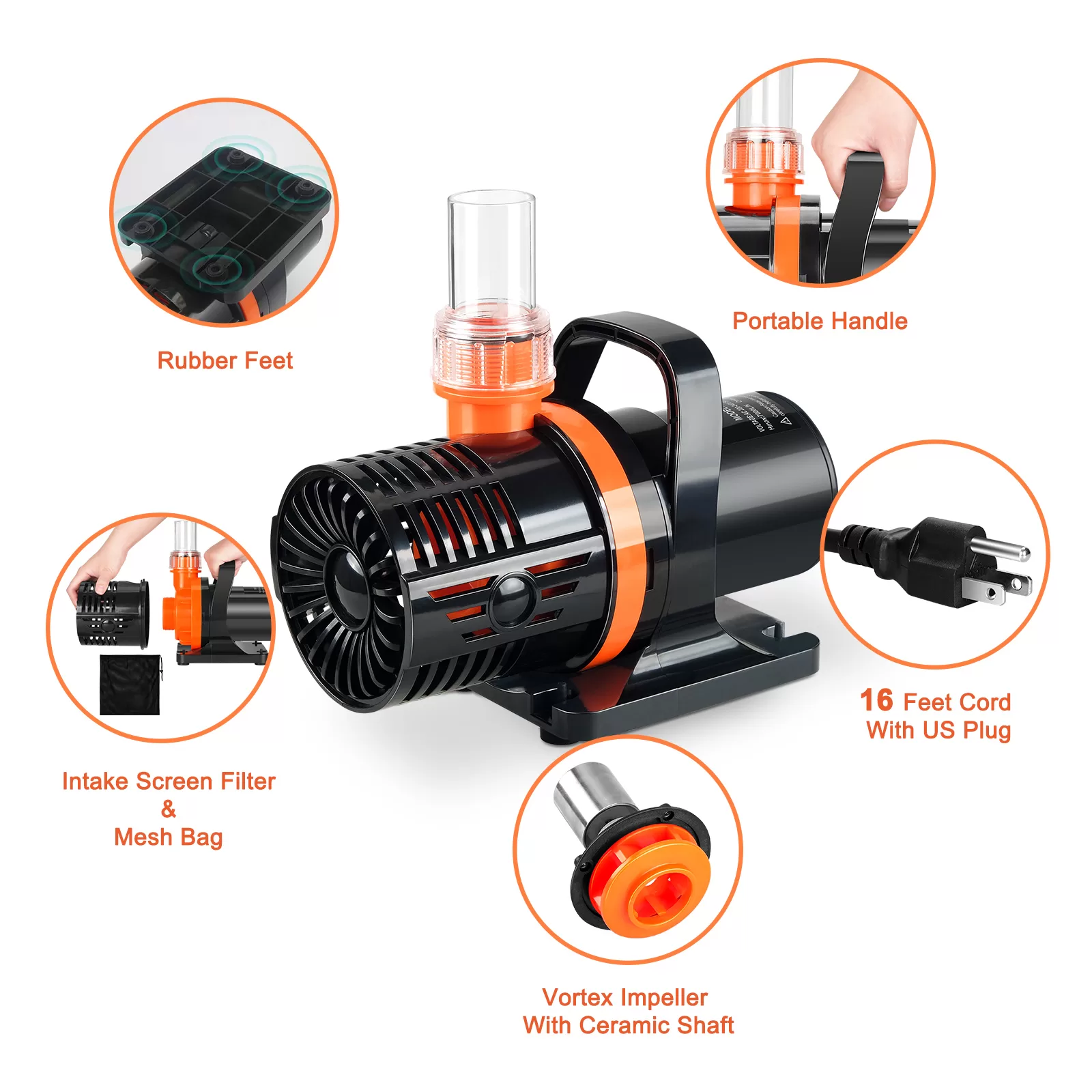 JEREPET 3400GPH Pond Pump with barrier bag, 22ft Max lift Submersible Water pump ,for waterfall,Koi pond fountains and statuary