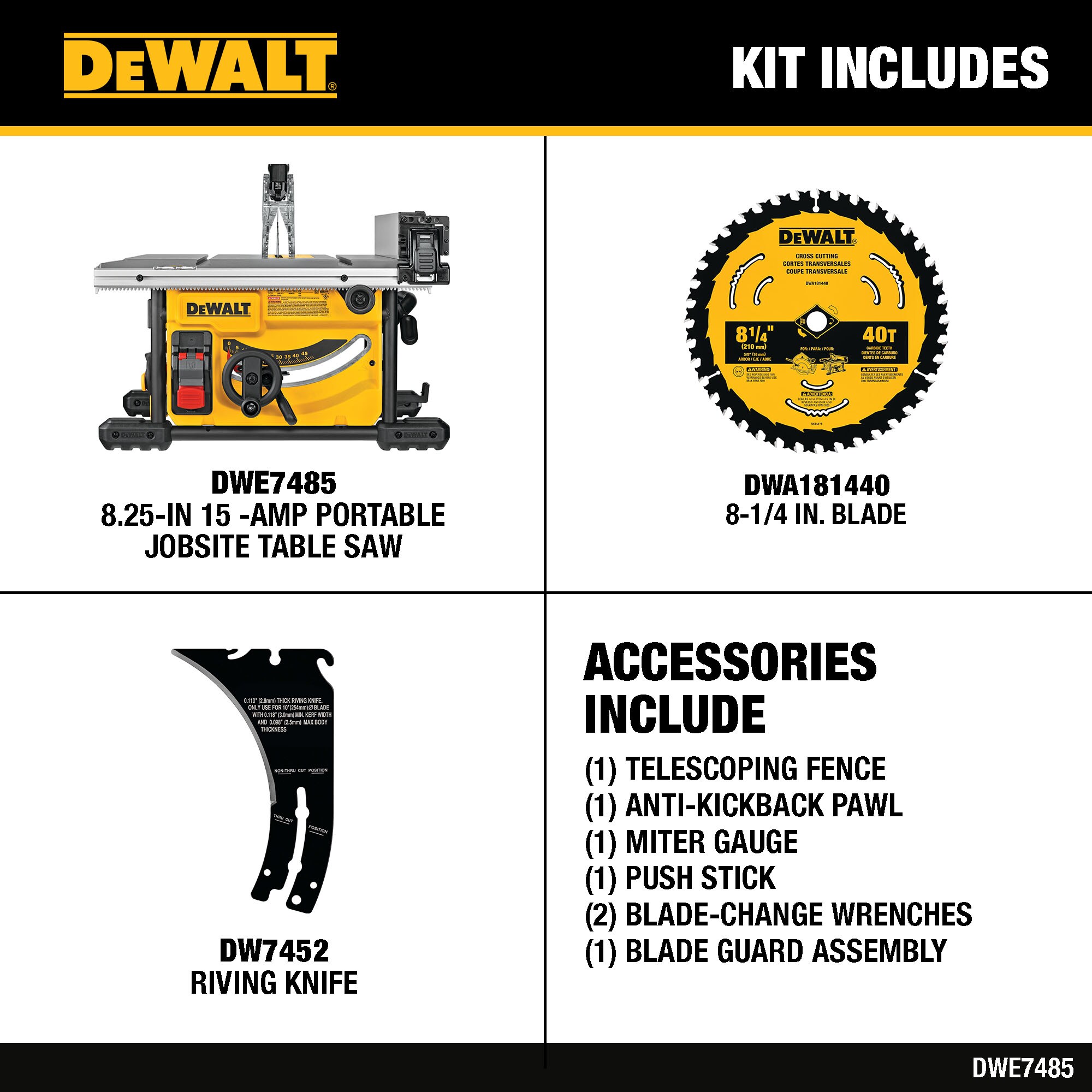 DEWALT Table Saw DWE7485 15 Amp Corded 8-1/4 in. Compact Portable (Stand Not Included) - Image 3