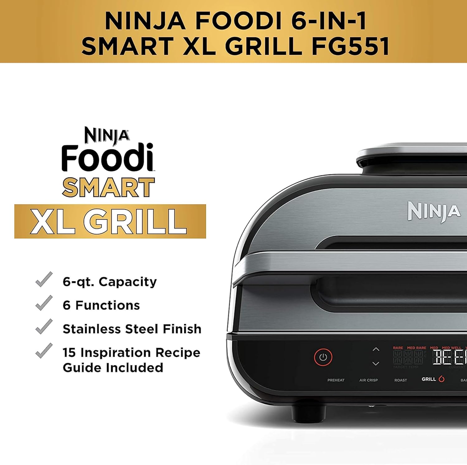 Ninja FG551 Foodi Smart XL 6-in-1 Indoor Grill with Air Fry, Roast, Bake, Broil & Dehydrate, Smart Thermometer, Black/Silver - Image 3