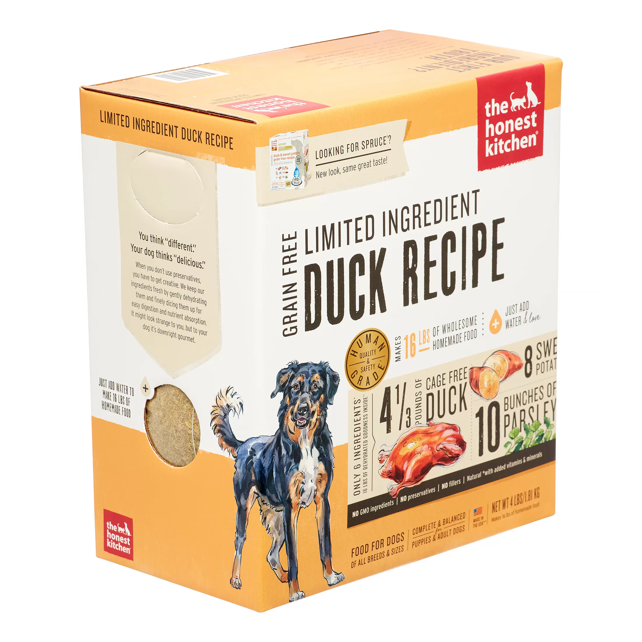 The Honest Kitchen Spruce: Dehydrated Minimalist Limited Ingredient Dog Food, Grain Free Duck & Sweet Potato, 4 lbs (Make 16 lbs)