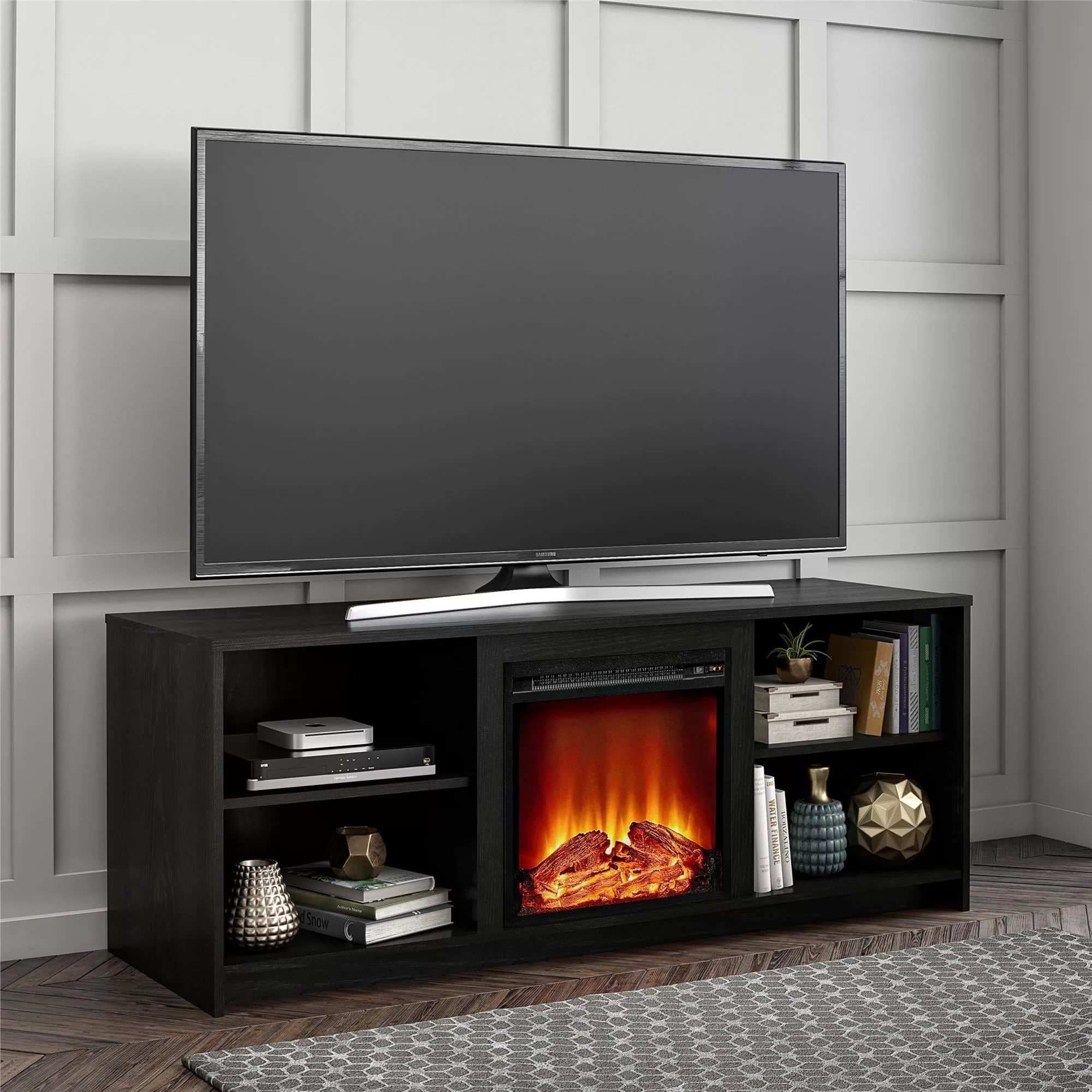 Mainstays Fireplace TV Stand for TVs up to 65", Black Oak