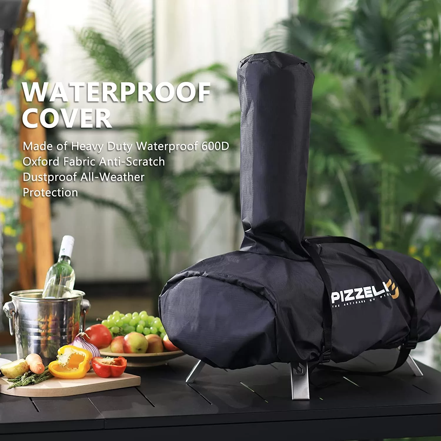 PIZZELLO Pellet Pizza Oven 12" Outdoor Wood Fired Pizza Ovens with Pizza Stone, Pizza Peel, Fold-up Legs, Cover, Thermometer, Chimney - Black