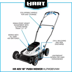 HART 40-Volt Cordless 18-inch Push Mower Kit, (1) 6Ah Lithium-Ion Battery & Charger