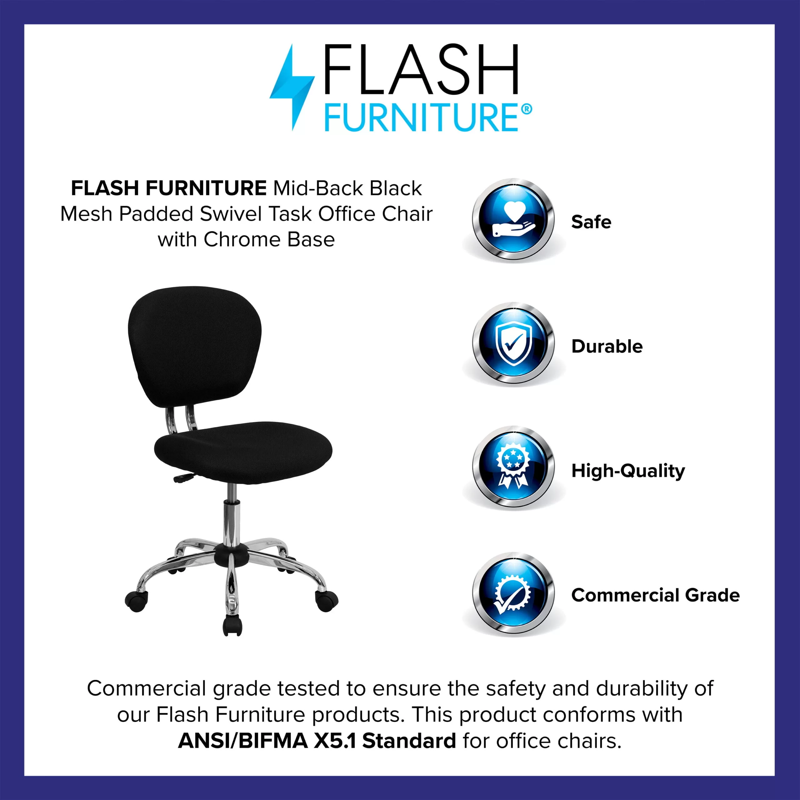 Flash Furniture Mid-Back Black Mesh Padded Swivel Task Office Chair with Chrome Base