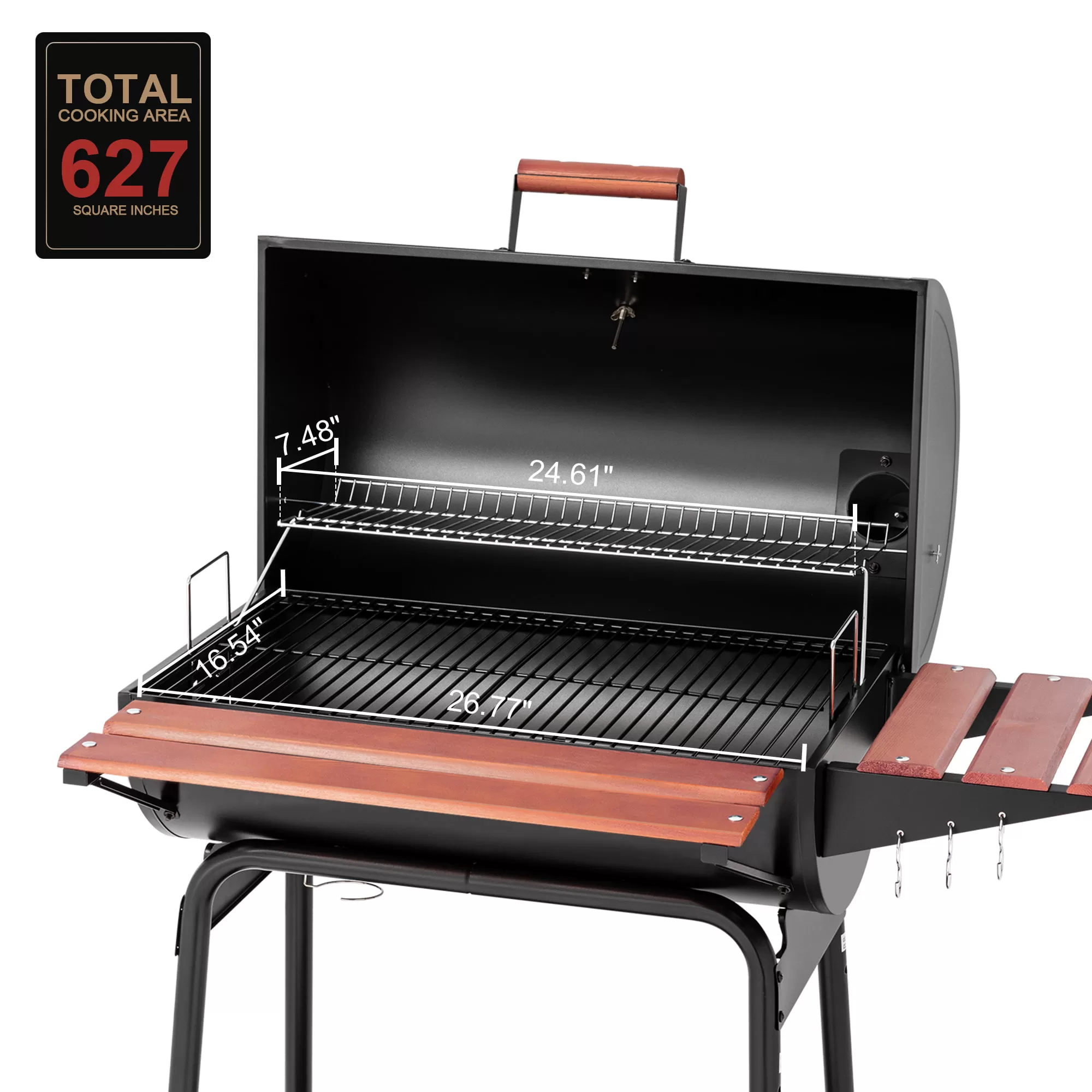 Royal Gourmet CC1830V 30" Barrel Charcoal Grill with Wood-Painted Side Table and Front Table