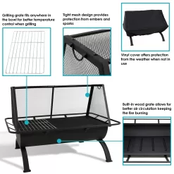 Sunnydaze Outdoor Camping or Backyard Rectangular Northland Fire Pit with Cooking Grill Grate, Spark Screen, Log Poker, and Fire Pit Cover - 36