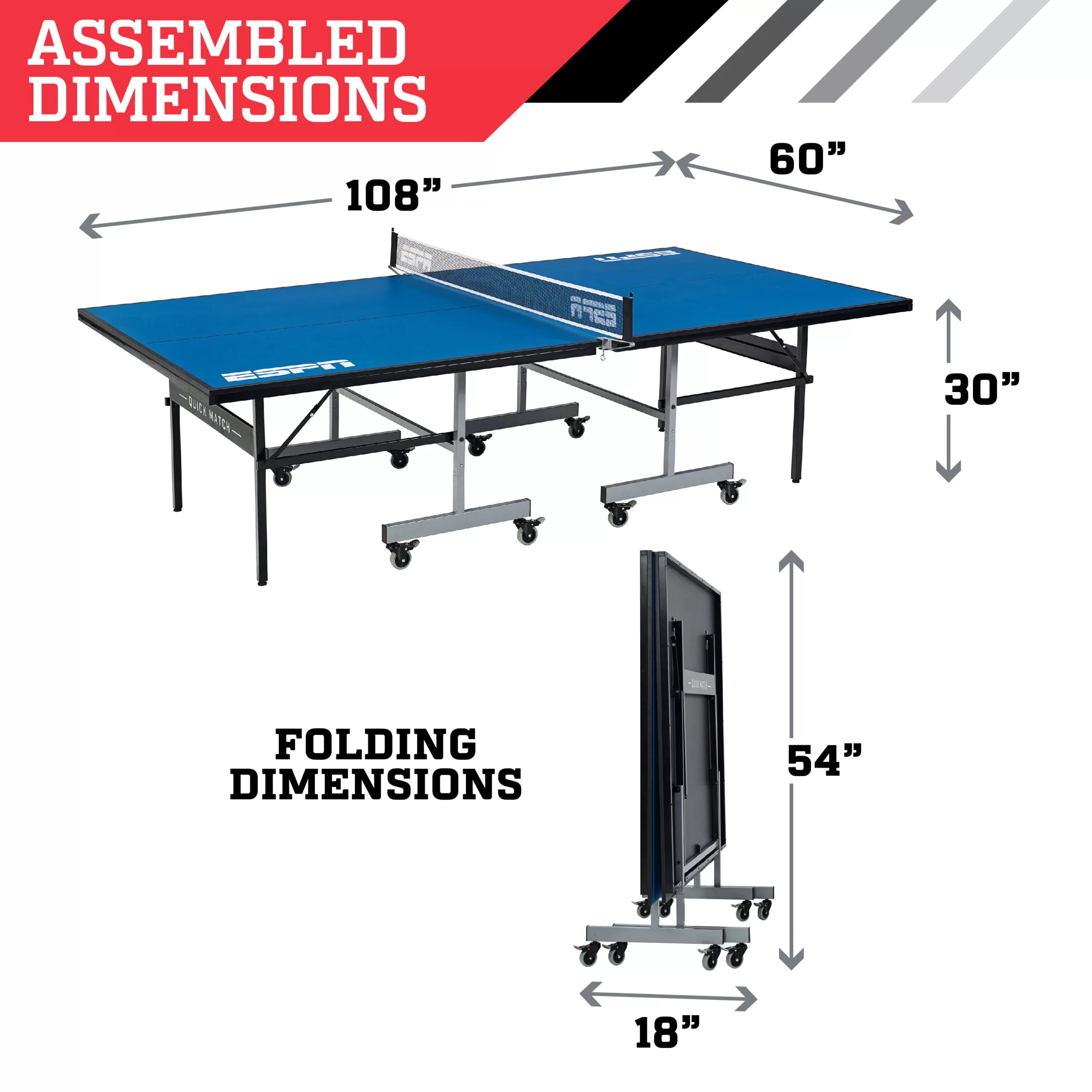 ESPN Official Size 2 Piece 15mm Indoor Quick Match Table Tennis Table, Blue
