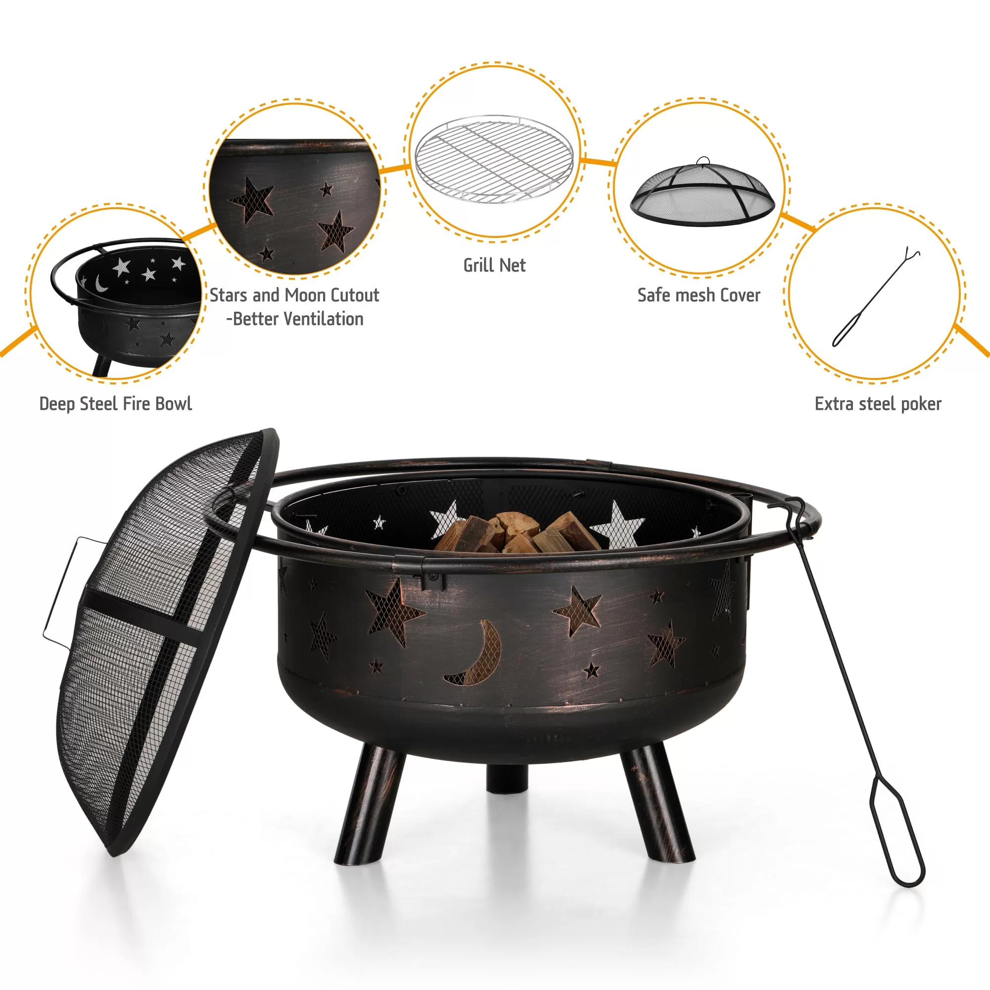 Sophia & William 30" 2 in 1 Outdoor Wood Burning Fire Pit Firepit Bowl with Cooking Grate