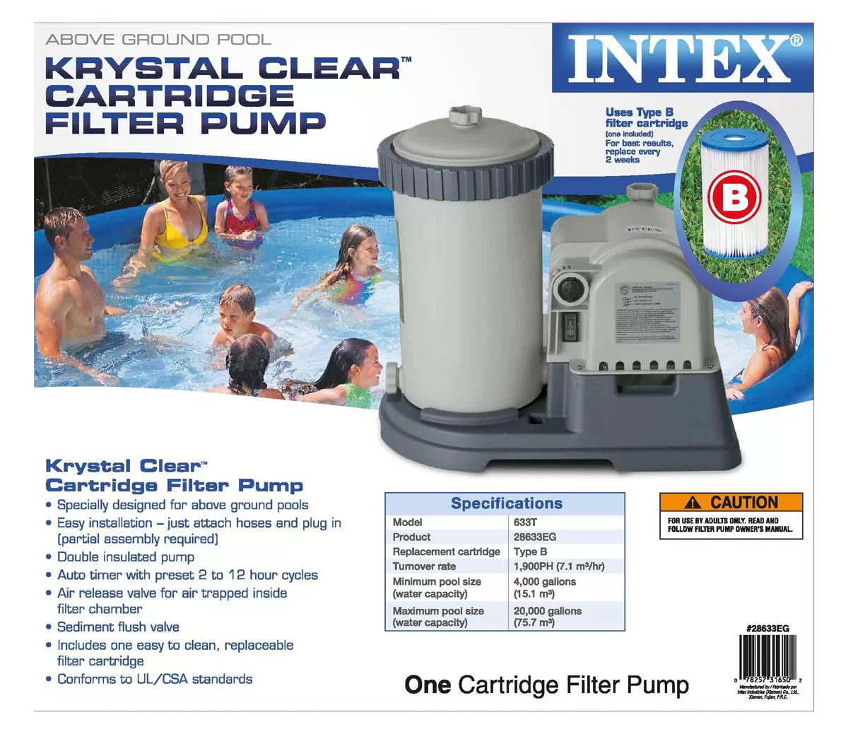 Intex Krystal Clear 2500 GPH Filter Cartridge Pump With Timer, 28633EG