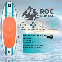 Roc Inflatable Stand Up Paddle Board with Premium sup Accessories & Backpack, Non-Slip Deck, Waterproof Bag, Leash, Paddle and Hand Pump. (Aqua)
