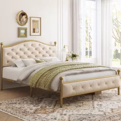 Homfa King Size Bed Frame, Metal Tubular Platform Bed - Beige - King