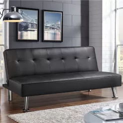 Easyfashion Convertible Black Faux Leather Futon Sofa Bed, Black