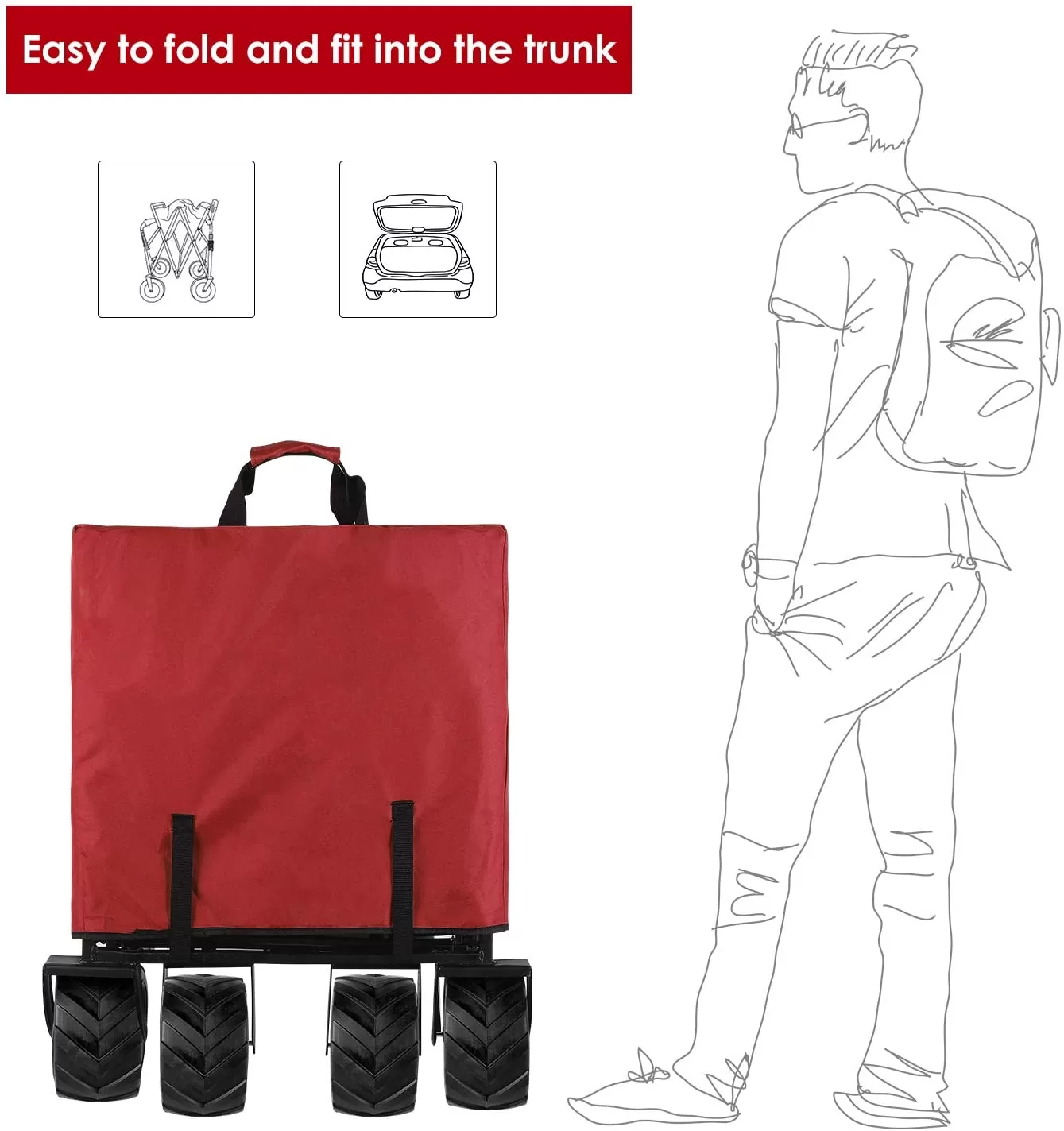 BAHOM Folding Collapsible Outdoor Utility Wagon Cart, Heavy Duty Garden Cart with All-Terrain Wheels and Carrying Bag ,Red