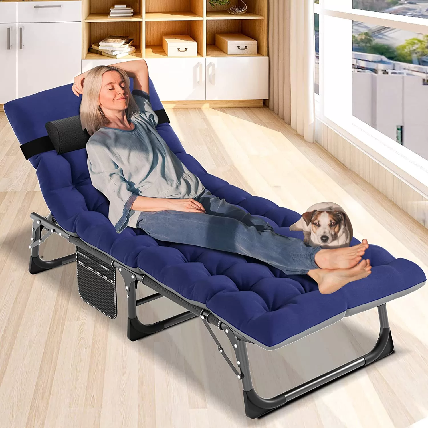 Slsy Folding Bed Cot with 3.3 Inch Mattress & Pillow, 4-Reclining Position Lounge Chair, 75.2"* 26.8" Sleeping Cot Guest Bed, Folding Camping Cots