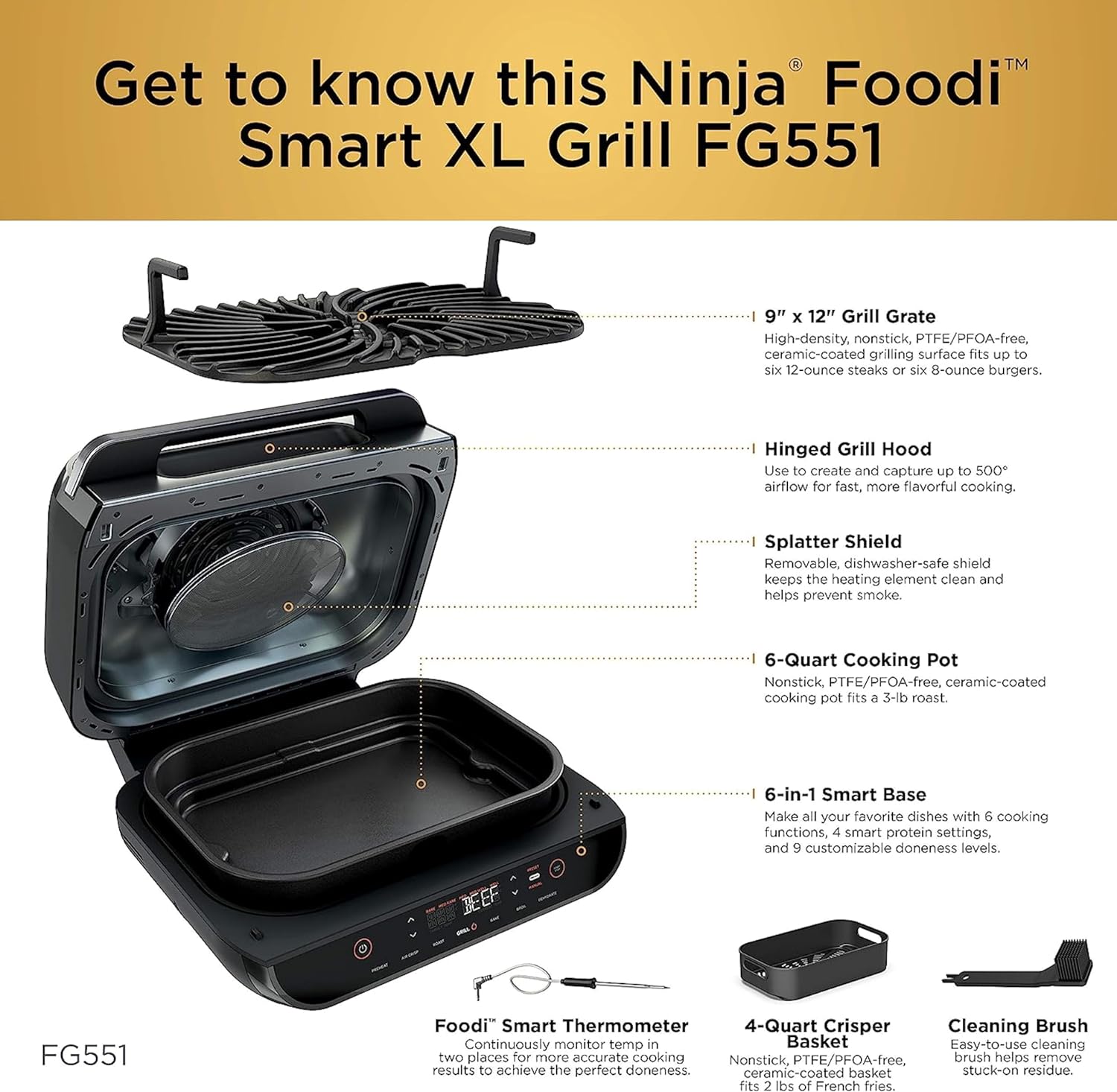 Ninja FG551 Foodi Smart XL 6-in-1 Indoor Grill with Air Fry, Roast, Bake, Broil & Dehydrate, Smart Thermometer, Black/Silver - Image 14