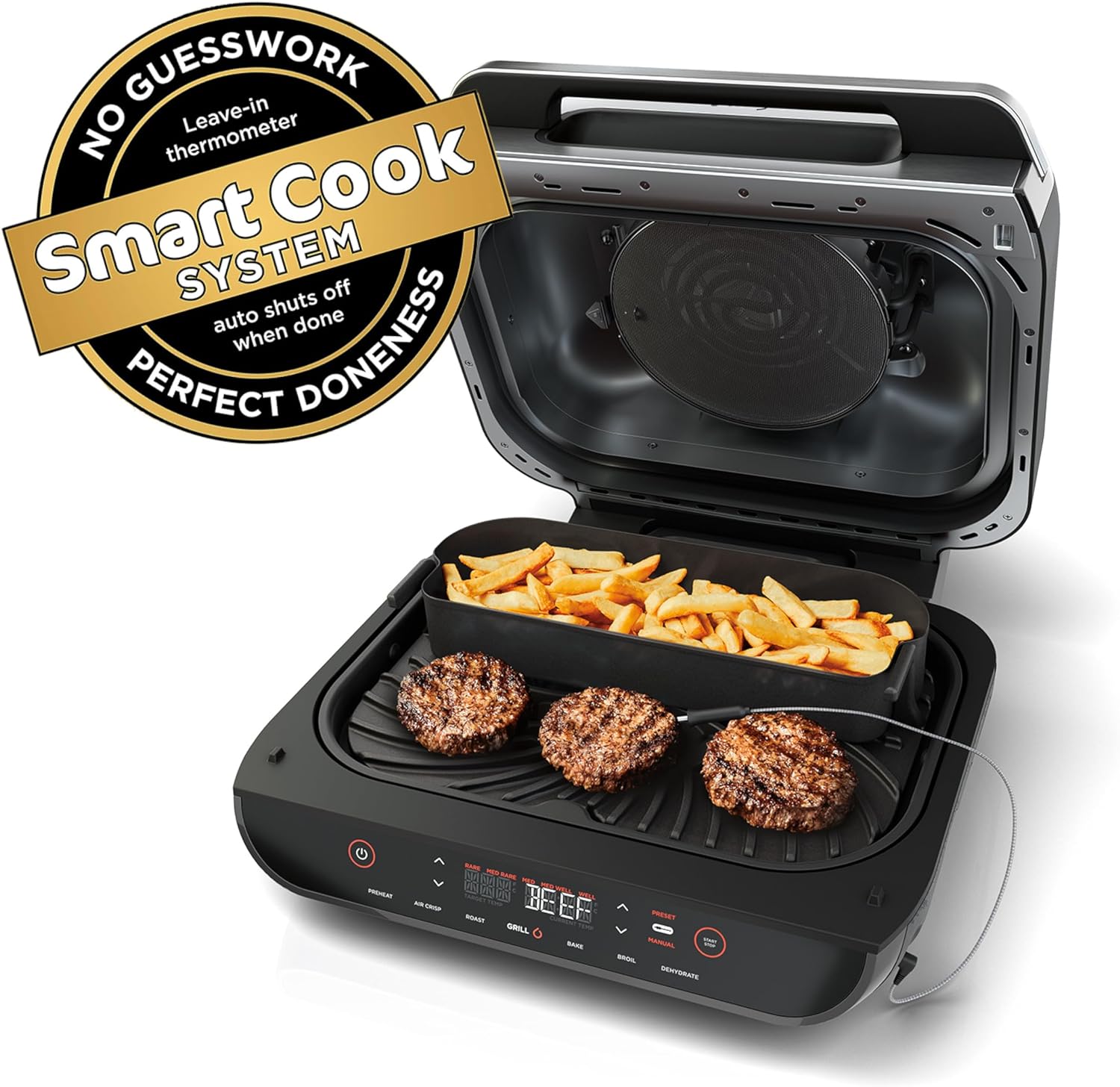 Ninja FG551 Foodi Smart XL 6-in-1 Indoor Grill with Air Fry, Roast, Bake, Broil & Dehydrate, Smart Thermometer, Black/Silver - Image 4