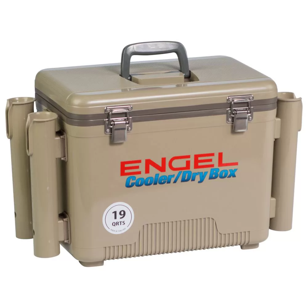 Engel 19 Quart Fishing Rod Holder Attachment Insulated Dry Box Ice Cooler, Tan