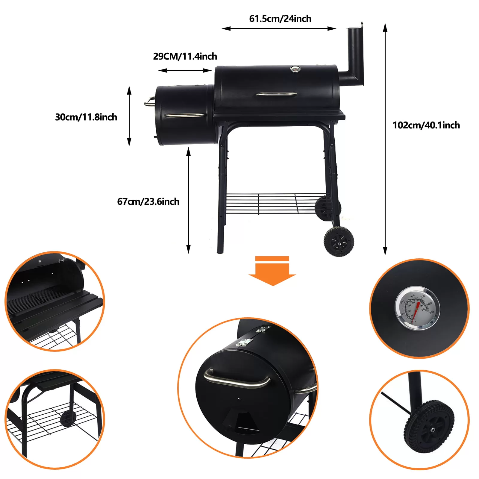 SKONYON Outdoor Portable BBQ Charcoal Grill with Offset Smoker, Black