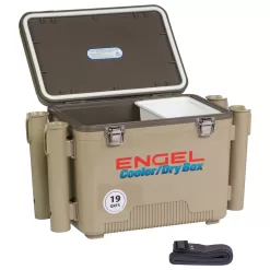 Engel 19 Quart Fishing Rod Holder Attachment Insulated Dry Box Ice Cooler, Tan