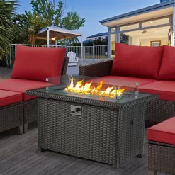 44 in Propane Fire Pit Table,Rattan Fire Pit Table with Lid, Waterproof Cover, 50,000 BTU Gas Firepits for Outside Output
