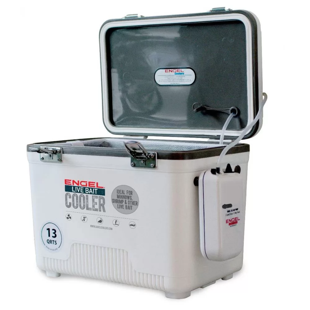 Engel 13 Quart Hard Sided Live Bait Fishing Dry Box Cooler with Pull Net, White
