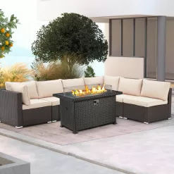 44 in Propane Fire Pit Table,Rattan Fire Pit Table with Lid, Waterproof Cover, 50,000 BTU Gas Firepits for Outside Output