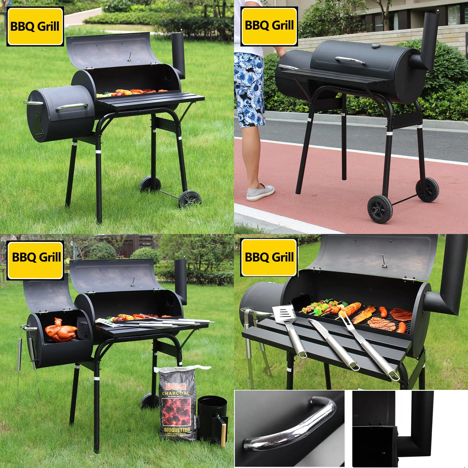 SKONYON Outdoor Portable BBQ Charcoal Grill with Offset Smoker, Black