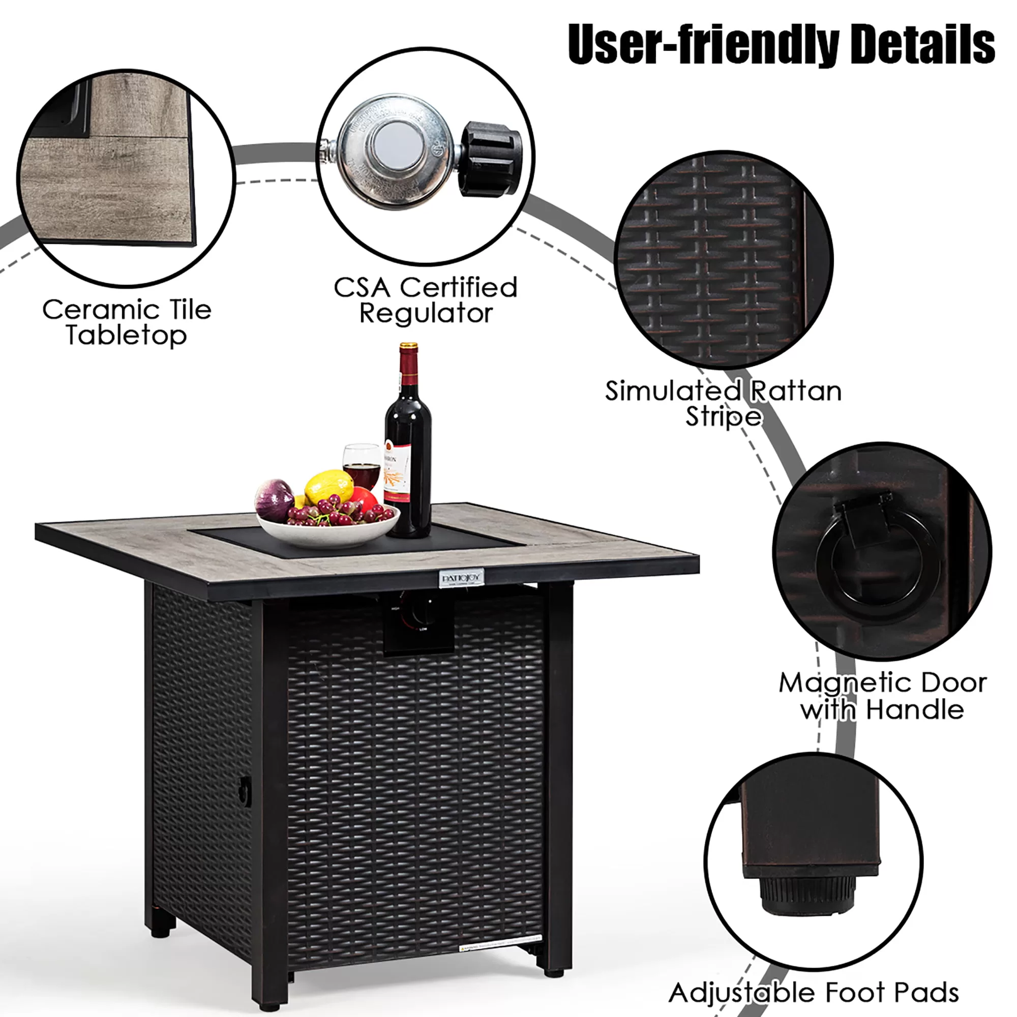 Costway 30'' Square Propane Gas Fire Pit Table Ceramic Tabletop 50,000 BTU with Cover