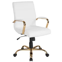 Flash Furniture Mid-Back White LeatherSoft Executive Swivel Office Chair with Gold Frame and Arms