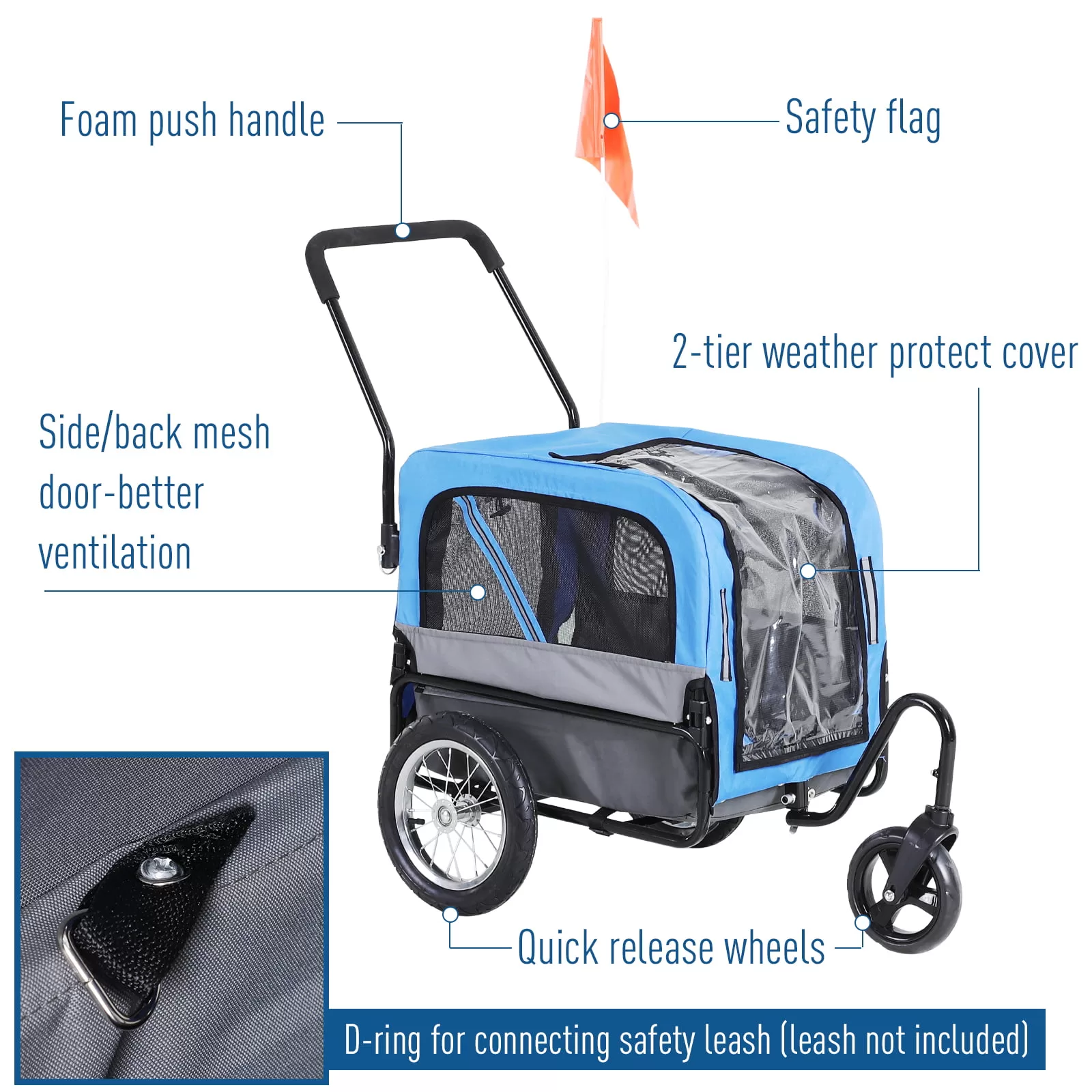 Aosom Elite-Jr 2-In-1 Dog Pet Bicycle Trailer, Jogging Stroller with 360-Degree Swivel Wheels & Large Easy Entry, Blue