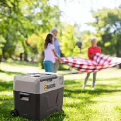 E-Kooler Bluetooth Battery-Powered Portable Iceless Travel Cooler with Wheels & Sliding Handle (40 Liter, Gray)