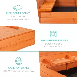 Best Choice Products 47x47-Inch Kids Wooden Outdoor Sandbox w/ 2 Foldable Bench Seats, Liner - Brown