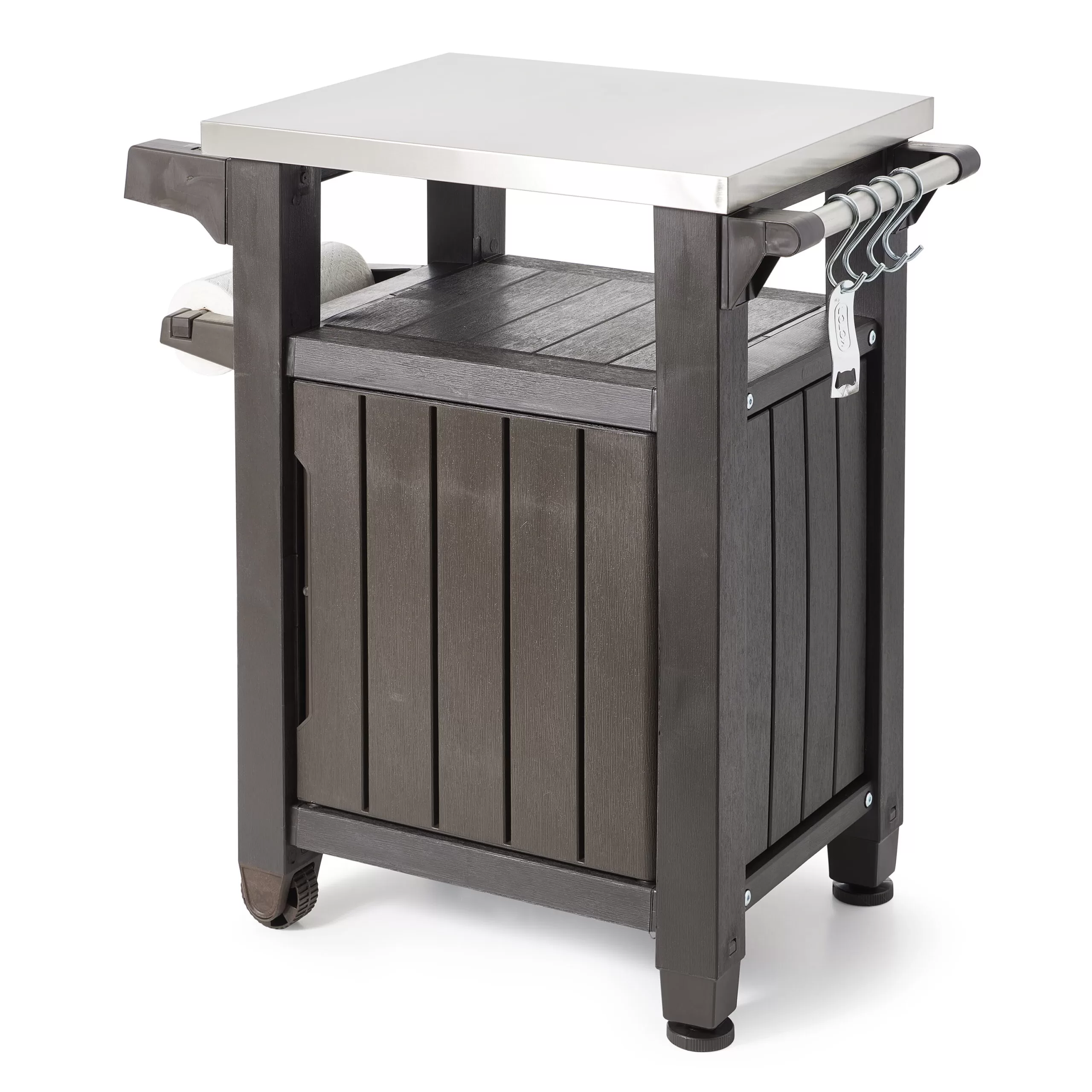 Keter Unity 40 Gal Patio Storage Grilling Bar Cart w/Stainless Steel Top, Brown