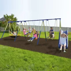 Sportspower Outdoor Super 8 Fun Metal Swing Set with 6ft Heavy Duty Slide, Saucer Swing, and Rocking Horse