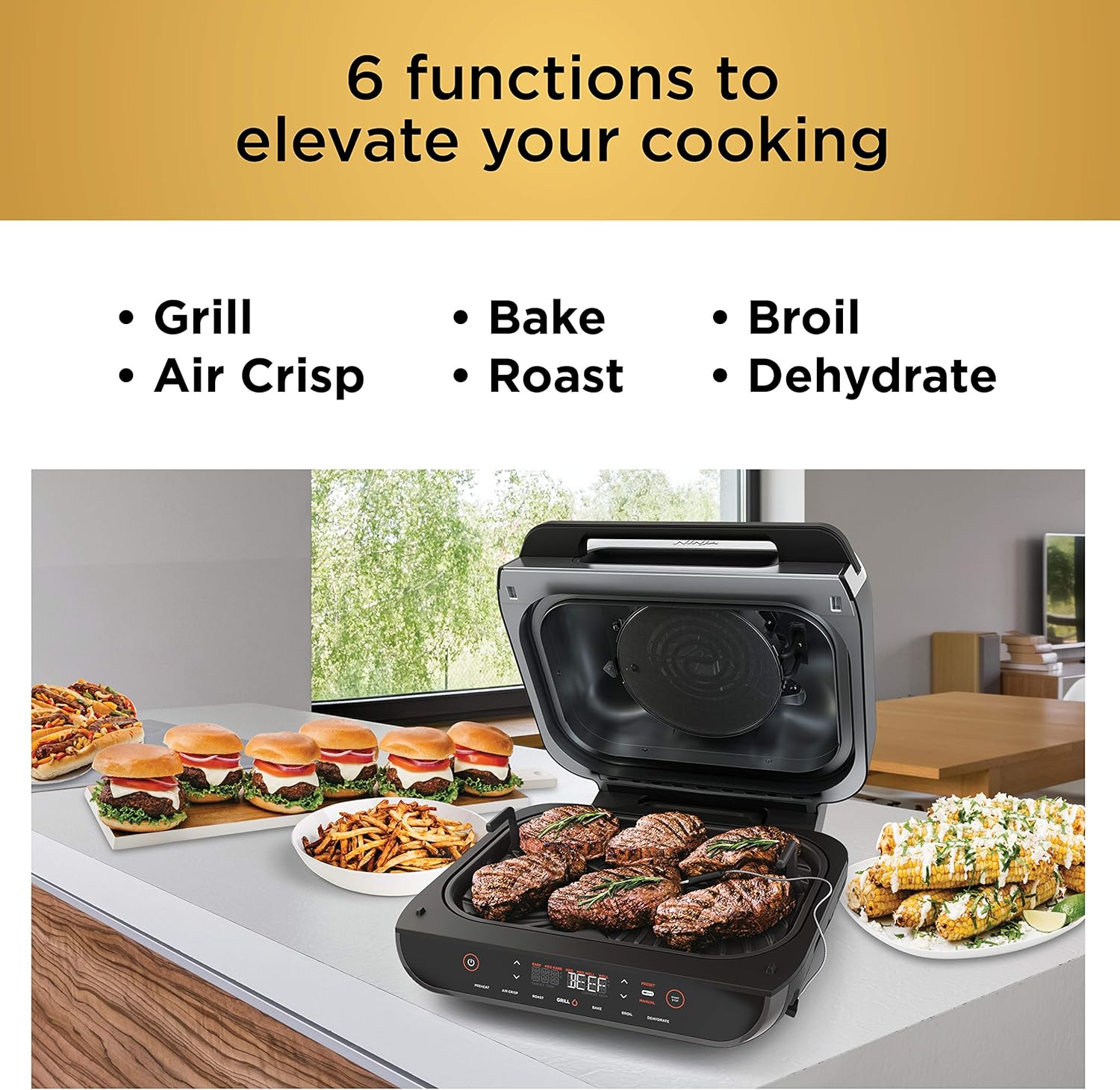 Ninja FG551 Foodi Smart XL 6-in-1 Indoor Grill with Air Fry, Roast, Bake, Broil & Dehydrate, Smart Thermometer, Black/Silver - Image 8