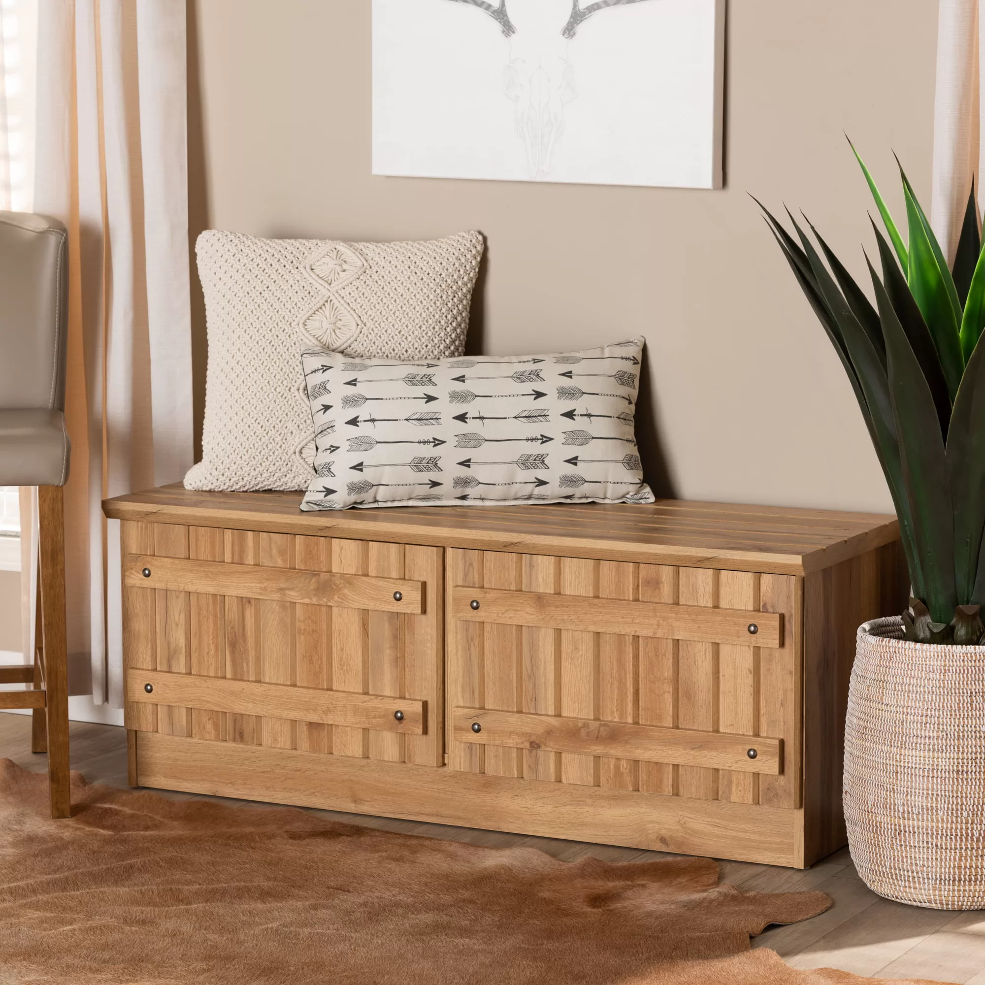 Baxton Studio Oswald Modern and Contemporary Farmhouse Natural Oak Brown Finished Wood 2-Door Storage Bench